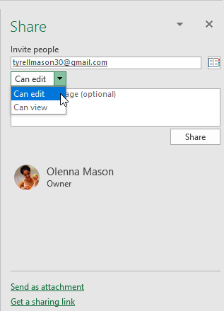 ảnh chụp màn hình chọn "Có thể chỉnh sửa" từ menu thả xuống trong menu Chia sẻ